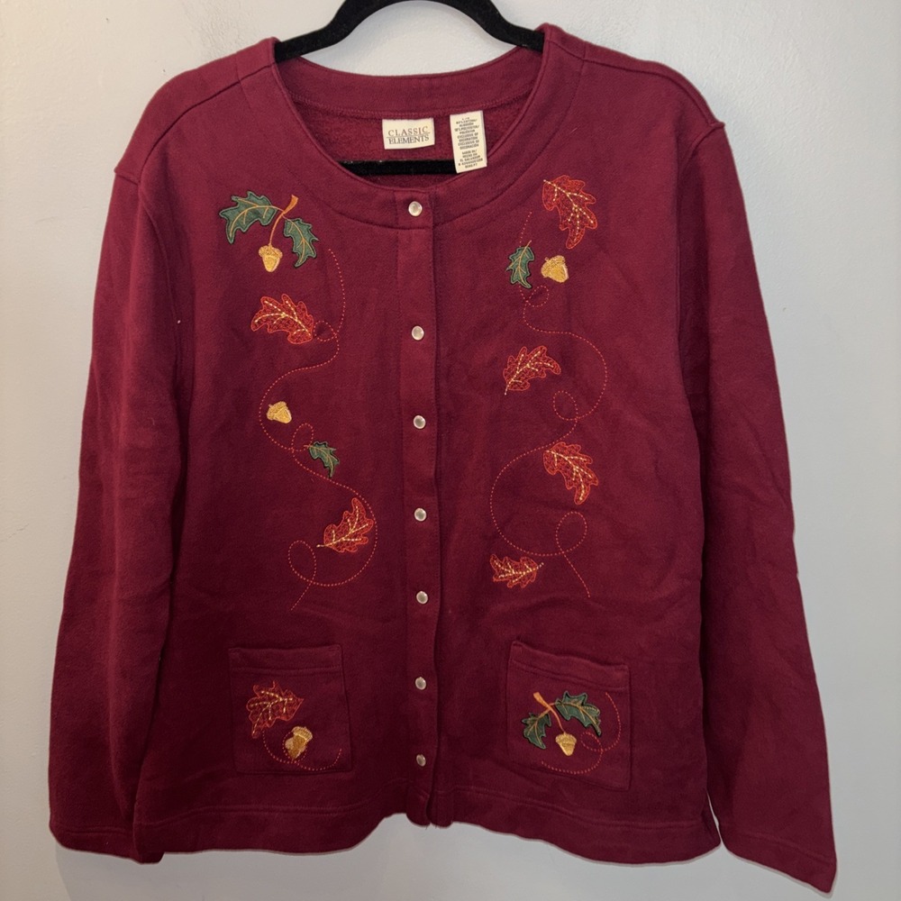 VTG Women's Burgundy Fall  Jacket Embroidered‎ Leaves Snap Pearl Buttons Size L
